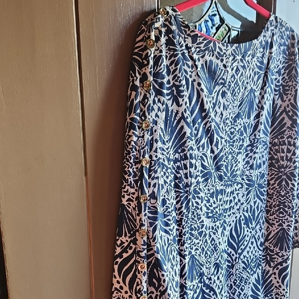 Lilly Pulitzer Navy & White Printed Shift Dress with Pink & Teal Border